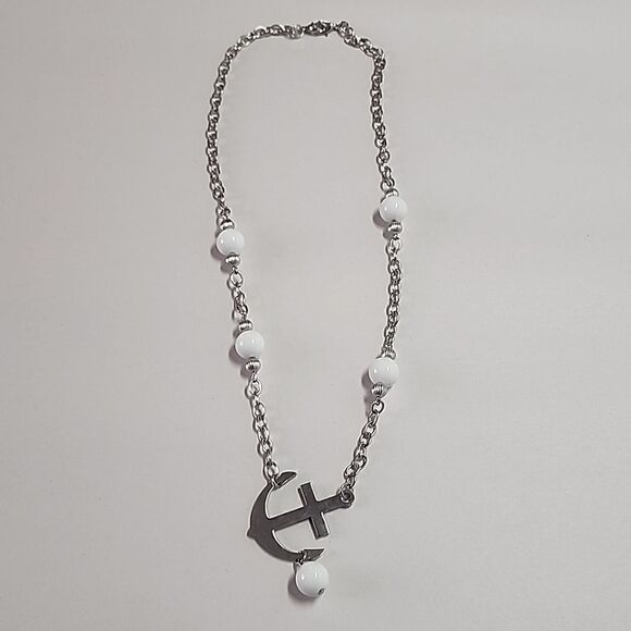 No Brand Jewelry - Anchor Necklace with White Round Beads Silver Tone Chain and Pendant